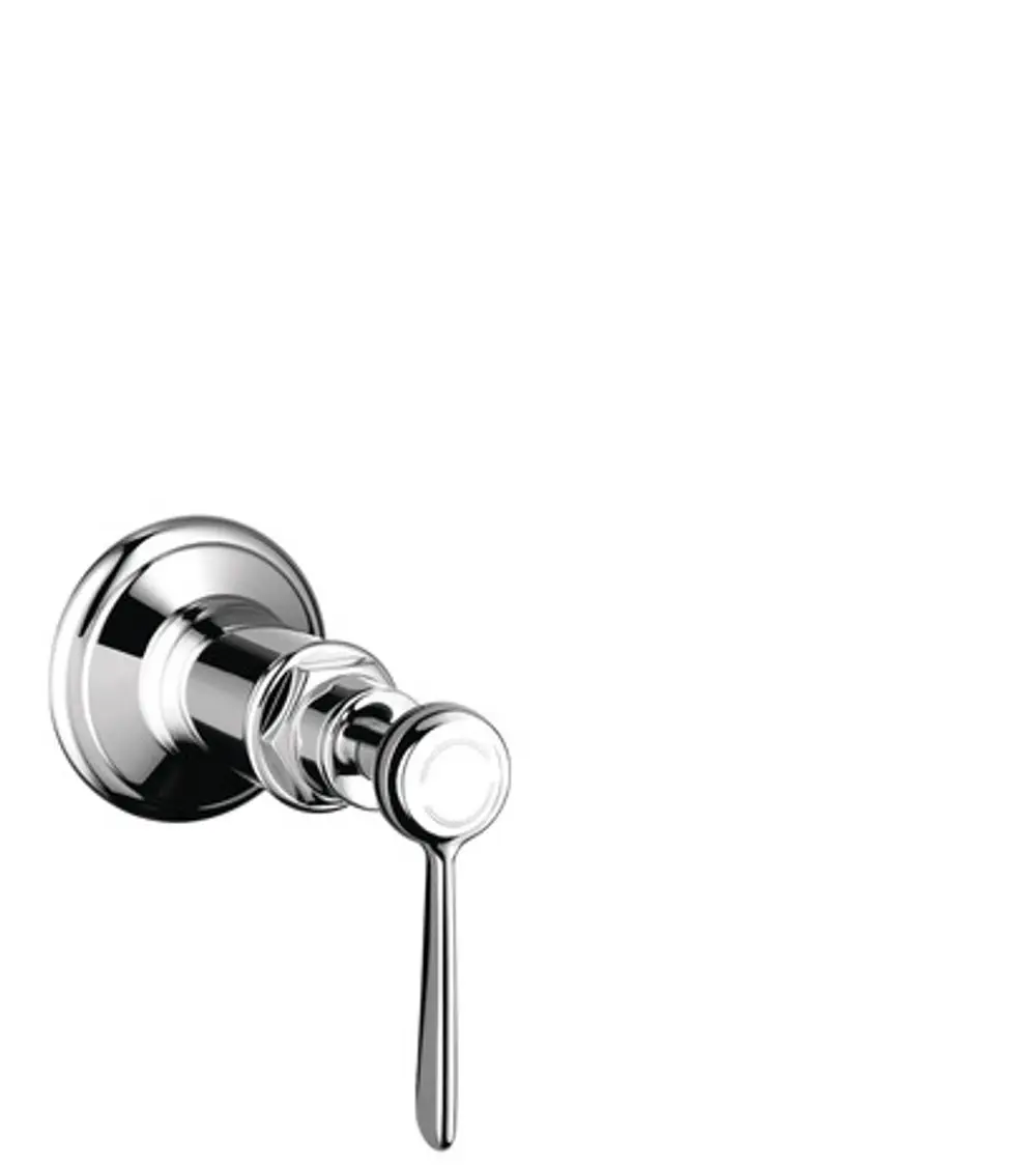 Chromfarbenes Unterputz-Absperrventil mit Hebelgriff von AXOR, montiert an einer Wand. Das Design ist schlicht und funktional.